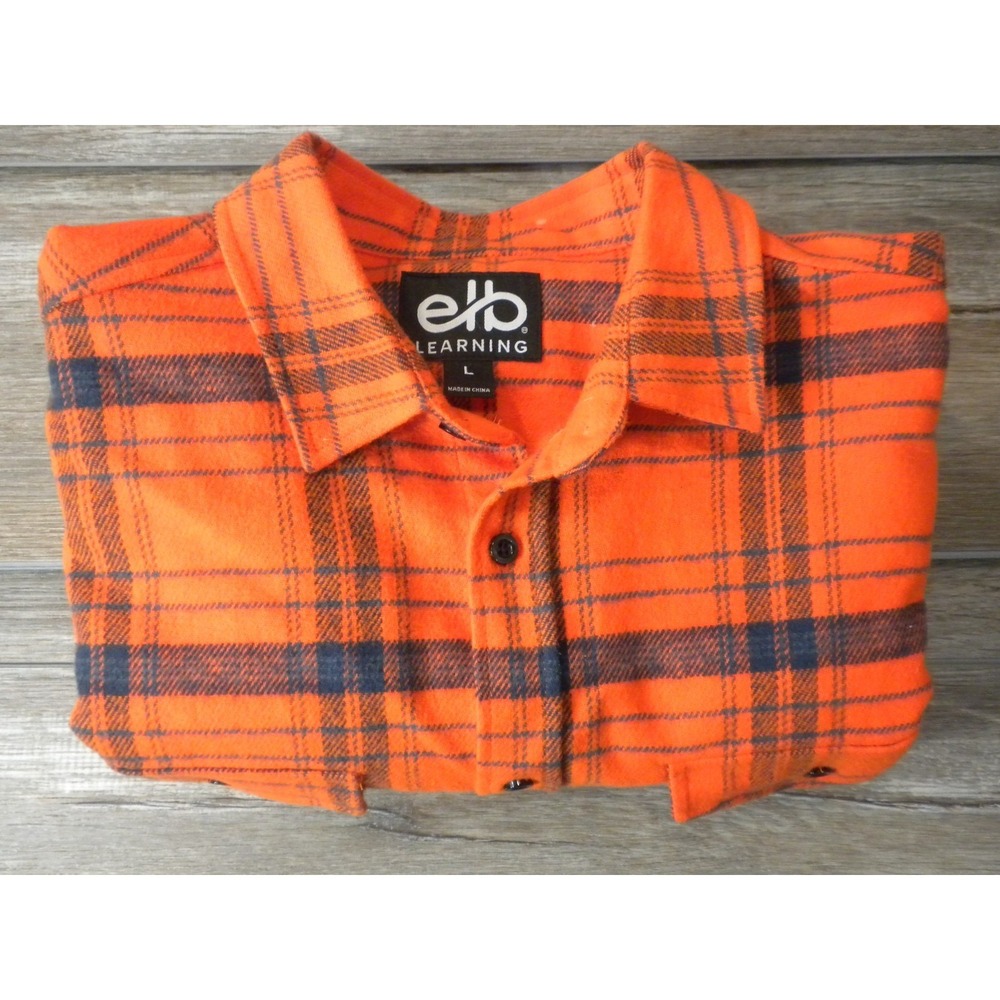 Flannel Shirt‎ Mens L Orange Blue Plaid Button Up Granola Trail Rugged Grunge